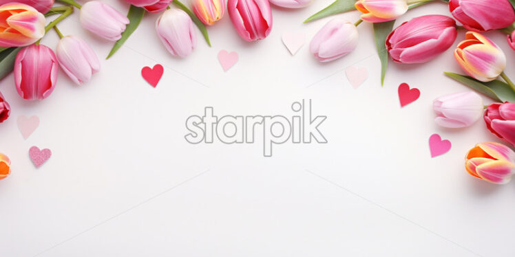 Sale banner tulips and paper hearts on isolated white background  - Starpik Stock