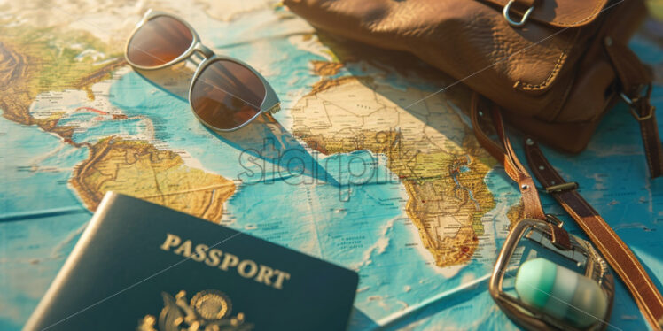 Sale banner with a large world map, a passport, sunglasses - Starpik Stock