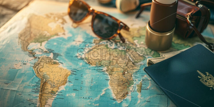 Sale banner with a large world map, a passport, sunglasses - Starpik Stock