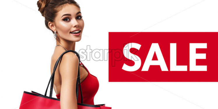 Sale banner with beautiful woman carrying shopping bags - Starpik Stock