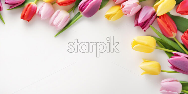 Sale banner with bouquet of colorful tulip flowers - Starpik Stock