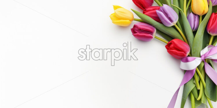 Sale banner with bouquet of colorful tulip flowers - Starpik Stock