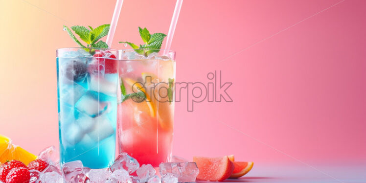 Sale banner with cold summer cocktail on pastel background - Starpik Stock