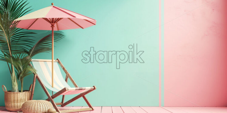 Sale banner with deck chair with umbrella and beach accessories on pastel background - Starpik Stock