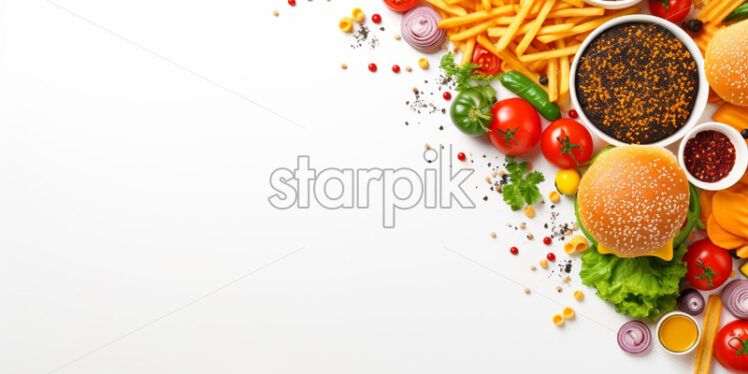 Sale banner with fast food ingredients, on isolated white background - Starpik Stock