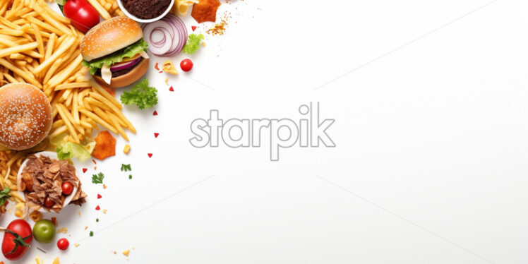 Sale banner with fast food ingredients, on isolated white background - Starpik Stock