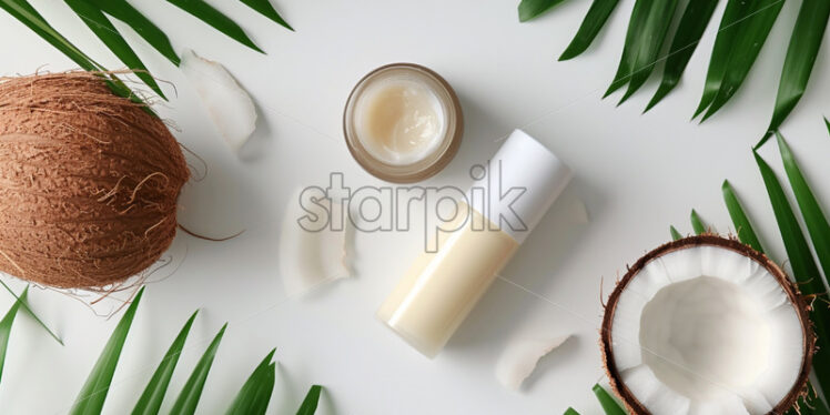 Sale banner with lip balm stick on the minimal background with coconut - Starpik Stock