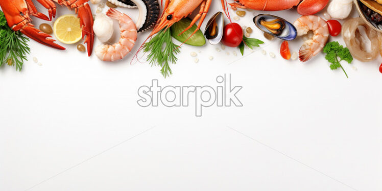 Sale banner with seafood ingredients, on isolated white background - Starpik Stock