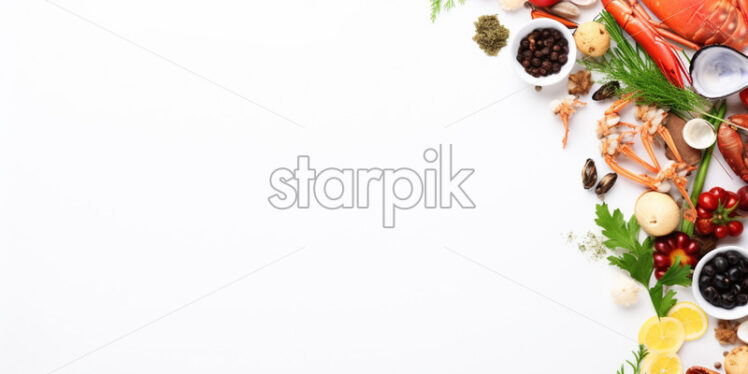 Sale banner with seafood ingredients, on isolated white background - Starpik Stock