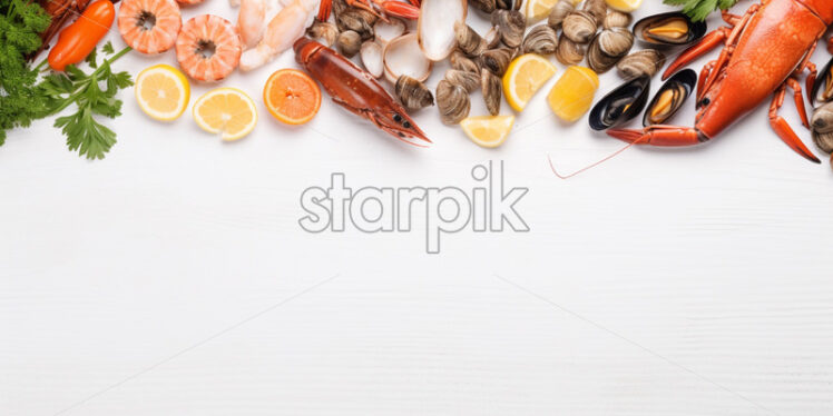 Sale banner with seafood ingredients, on isolated white background - Starpik Stock