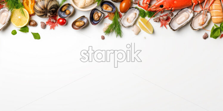 Sale banner with seafood ingredients, on isolated white background - Starpik Stock