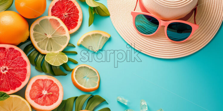 Sale banner with stylish hat, sunglasses and fruits on blue background - Starpik Stock