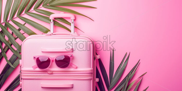 Sale banner with suitcase, sunglasses and palm leaves on pink background - Starpik Stock