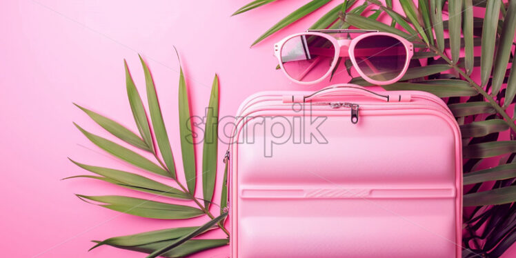 Sale banner with suitcase, sunglasses and palm leaves on pink background - Starpik Stock