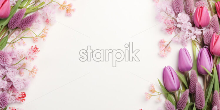 Sale banner with tulips and heather on isolated white background - Starpik Stock