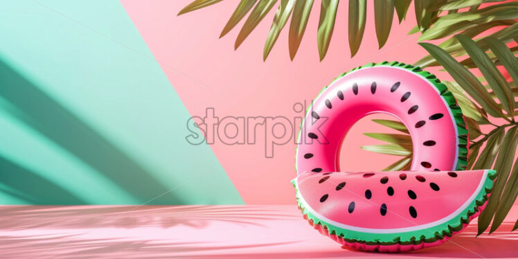 Sale banner with watermelon inflatable ring on pastel color background - Starpik Stock