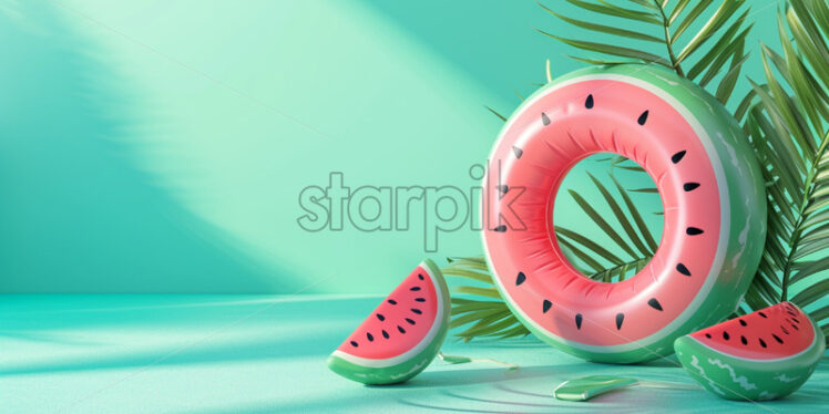 Sale banner with watermelon inflatable ring on pastel color background - Starpik Stock