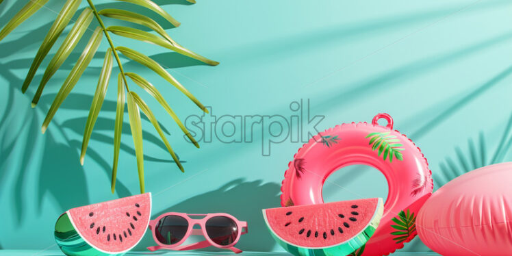 Sale banner with watermelon inflatable ring on pastel color background - Starpik Stock