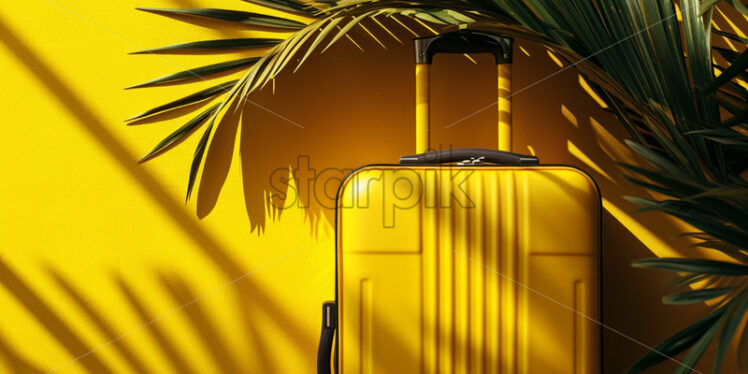 Sale banner with yellow travel suitcase and  tropical palm tree leaves - Starpik Stock