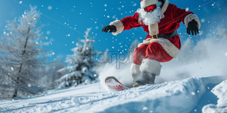 Santa Claus on a snowboard on a mountain slope - Starpik Stock