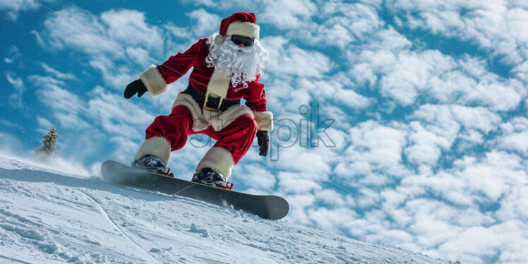 Santa Claus on a snowboard on a mountain slope - Starpik Stock