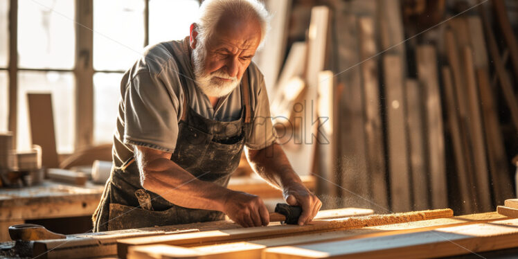 Seasoned 50-year-old carpenter at work, morning sunlight - Starpik Stock