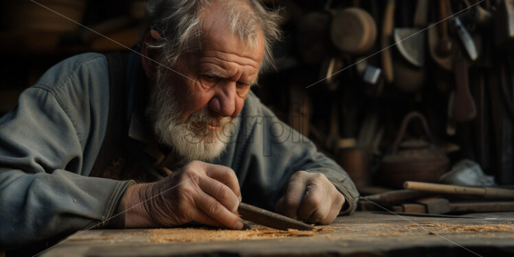 Serious-faced carpenter crafting wooden table with chisel. - Starpik Stock