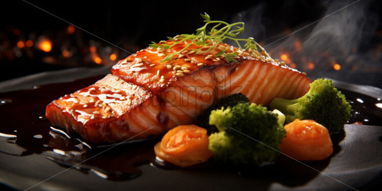 Serving in the restaurant, miso glazed salmon - Starpik Stock