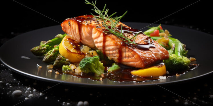 Serving in the restaurant, miso glazed salmon - Starpik Stock