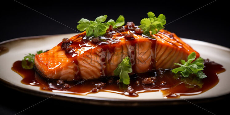 Serving in the restaurant, miso glazed salmon - Starpik Stock