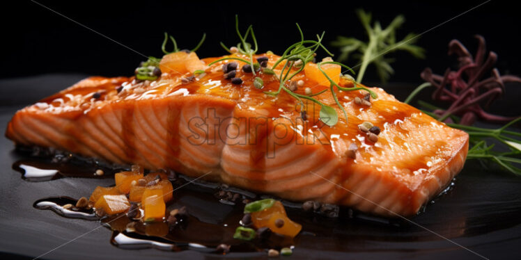 Serving in the restaurant, miso glazed salmon - Starpik Stock