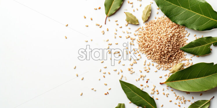 Sesame seeds and bay leaves presented in a minimalistic style - Starpik Stock