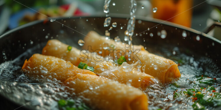 Sizzling Filipino green chili pepper spring rolls frying in bubbling vegetable oil, capturing the essence of the cooking process - Starpik Stock