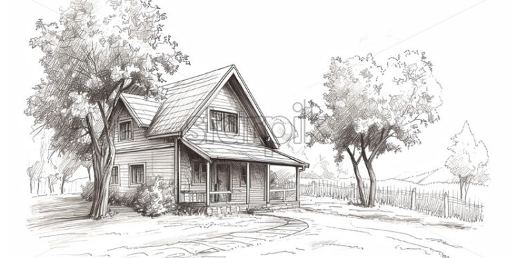 Sketch drawing of a wooden house - Starpik Stock