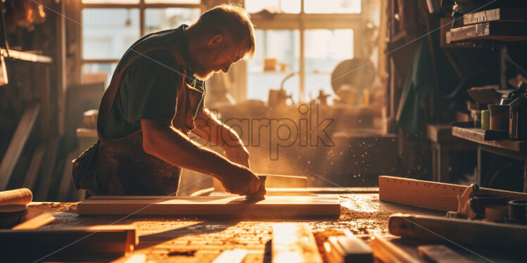 Skilled middle-aged carpenter, morning sunlight, cutting wood - Starpik Stock