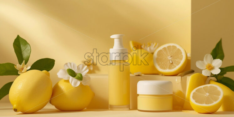 Skincare products, inspired by lemon on yellow background - Starpik Stock