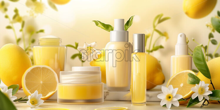 Skincare products, inspired by lemon on yellow background - Starpik Stock