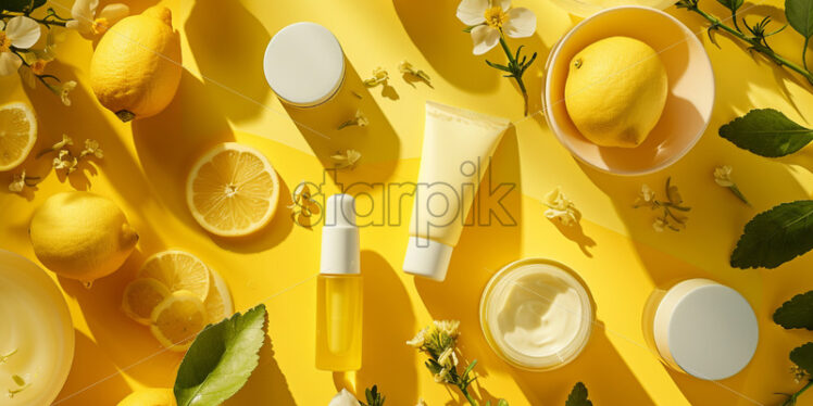 Skincare products, inspired by lemon on yellow background - Starpik Stock