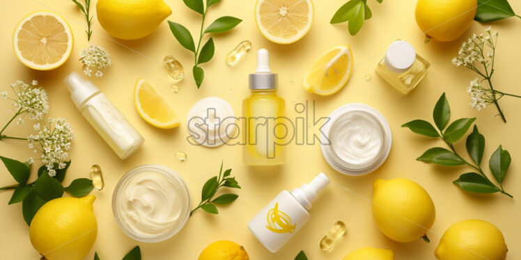 Skincare products, inspired by lemon on yellow background - Starpik Stock