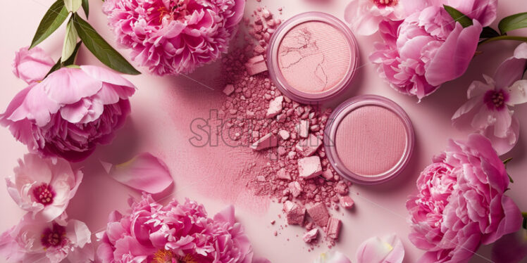 Skincare products, inspired by peonies on pink background - Starpik Stock