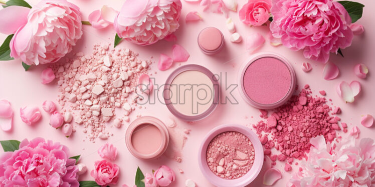 Skincare products, inspired by peonies on pink background - Starpik Stock