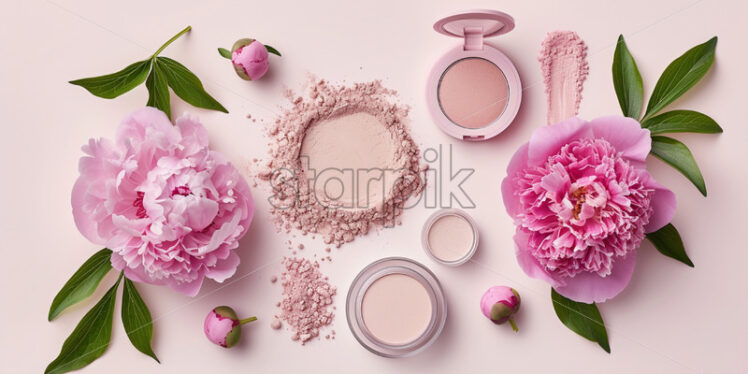 Skincare products, inspired by peonies on pink background - Starpik Stock