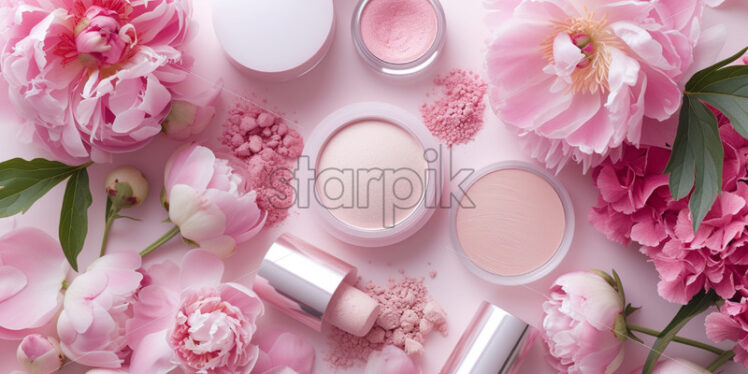 Skincare products, inspired by peonies on pink background - Starpik Stock