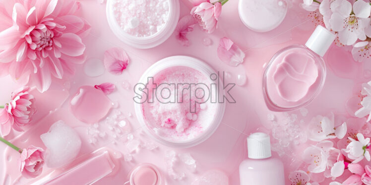 Skincare table, pink and white theme, top view - Starpik Stock