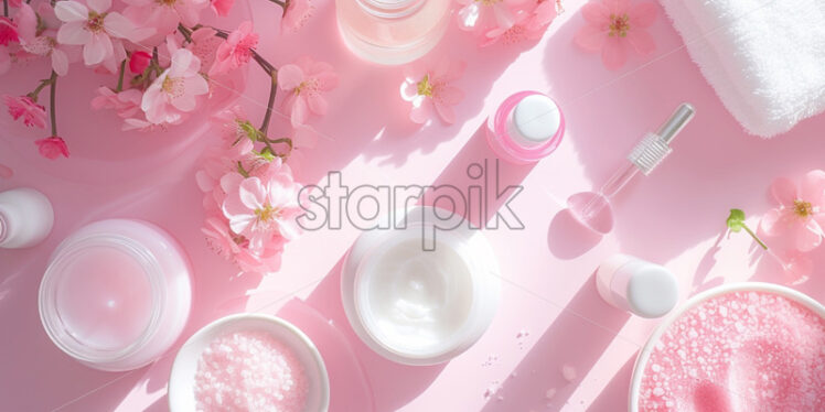 Skincare table, pink and white theme, top view - Starpik Stock