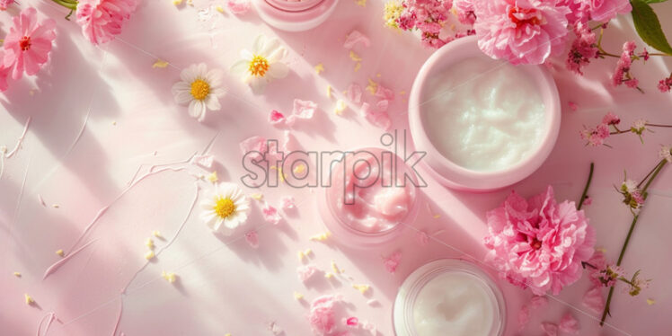 Skincare table, pink and white theme, top view - Starpik Stock