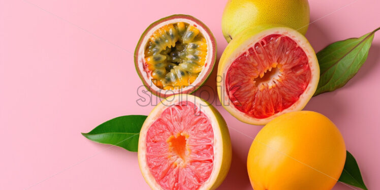 Sliced guava and passion fruit on pink background - Starpik Stock