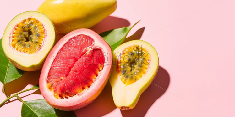 Sliced guava and passion fruit on pink background - Starpik Stock