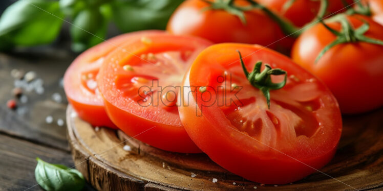 Sliced ​​tomatoes on a wooden bottom - Starpik Stock