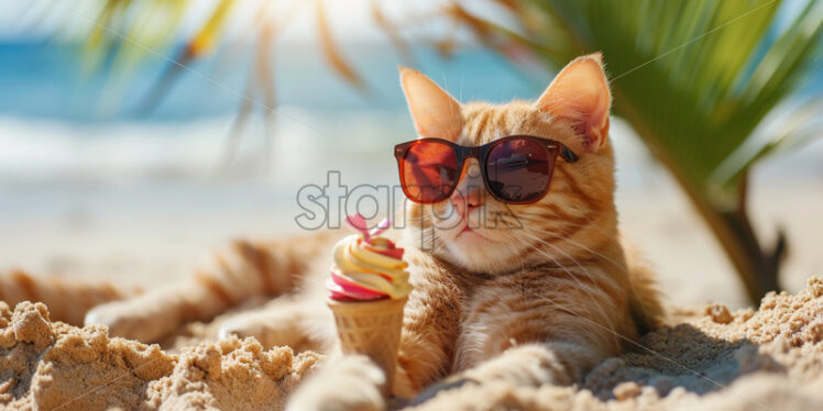 Smiling cat with sunglasses lying on the beach enjoying ice cream - Starpik Stock